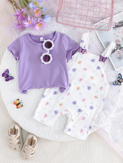 Infant/Baby Girl 2pcs Set: Short Sleeve Round Neck T-Shirt & Fruit & Butterfly Print Button Strap Shorts Casual Cute Outfit, Summer