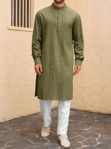 Men's Long Sleeve Button Down Cotton Linen Kaftan Robe Thobe Perfect For Casual Muslim Gown Henley Shirt - Army Green - View 4