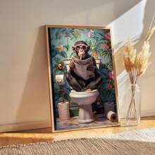 1pc, Canvas Hanging Picture, Framed Decorative Painting, Poster, Wall Art, Animals, Charming Monkey Reading Newspaper On Toilet - Canvas Wall Painting, Perfect For Modern Living Room, Bedroom, Bathroom Decoration And Gift, Art Deco Style, Modern Style, Minimalist Style, Animal Theme, Autumn, Spring Gifts Birthday Graduation
