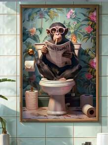 1pc, Canvas Hanging Picture, Framed Decorative Painting, Poster, Wall Art, Animals, Charming Monkey Reading Newspaper On Toilet - Canvas Wall Painting, Perfect For Modern Living Room, Bedroom, Bathroom Decoration And Gift, Art Deco Style, Modern Style, Minimalist Style, Animal Theme, Autumn, Spring Gifts Birthday Graduation