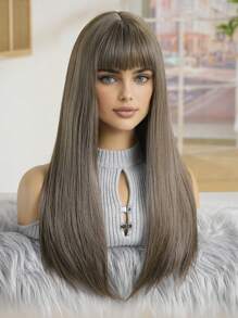 Tóc giả dài thẳng màu nâu pha trộn 22 inch có mái, tóc giả bện sợi tổng hợp, tóc giả thời trang dành cho nữ, phù hợp cho các bữa tiệc, ngày lễ, nhập vai, kỳ nghỉ và sử dụng hàng ngày. - màu nâu - Xem 4