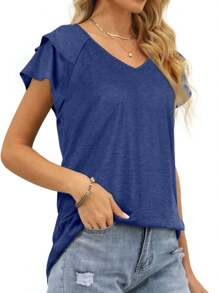GEREARC Womens Summer Tops Ruffle Short Sleeve V Neck T-Shirts Loose Fit - màu xanh hải quân - Xem 5