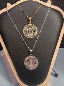 1pc Stainless Steel St. Benedict Exorcism Medal Pendant Necklace, Talisman For Protection Against Evil Spirits, Suitable For Daily Wear And Gift Giving