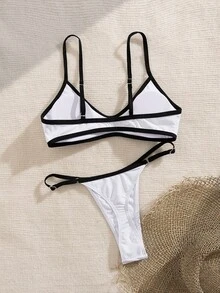 PEPPERMOLLY 对比色可调节肩带优雅派对比基尼套装，女士时尚沙滩泳装，适合夏季度假