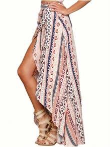 Women Boho Print High Waist Side Wrap Bohemian Asymmetric Hem Maxi Long Skirt - 花色 - 查看 3