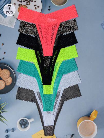 7pcs/Set Women's Low-Rise Leopard Print Lace Thongs, 7 Colors, Sexy