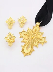 14K镀金十字架式新娘首饰套装，包含项链、吊坠、耳环和戒指，适合女性佩戴，可作为结婚礼物送给妻子。