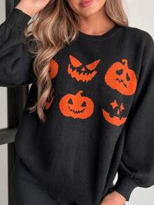 Suéteres de otoño para mujer, de Halloween, con estampado de cara de fantasma de calabaza, manga larga, cuello redondo, prendas de punto - Negro - Ver 7