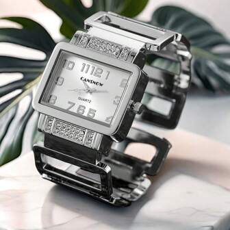 1pc CANSNOW Women's Hollow Strap Fashionable Quartz Movement Rhinestone Decorated Square Bangle Watch, Suitable For Daily Wear And Gift