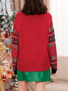 Ugly Christmas Sweaters For Women Funny Snowman Snowflake Print Long Sleeve Knitted Crew Neck Pullover Sweater Cute Xmas Sweater - Red - View 2