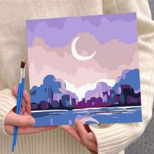 1 set 20*20cm Peinture à l'huile sur canevas avec motif numéroté représentant un paysage naturel et un ciel étoilé avec la lune. Comprend peintures et pinceaux, parfait pour les débutants et les adultes, décorations murales, décoration de la maison et cadeaux de fête