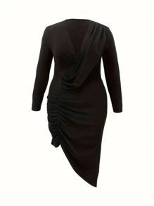 Women Plus Size Solid Color Long Sleeve Fitted Minimalist Dress, Fashionable - Black - View 2