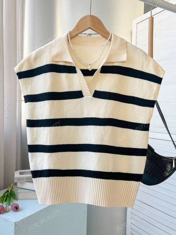 FOR BEAUTY Spring And Summer New Style Lapel Old Money Bizchic Striped Color Blocked Vest Women Sleeveless Knitted Sweater, Loose Casual Pullover, Suitable For Commuting Style Summer Tops Back To School