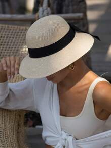 1pc Small Brim Korean Style Bow Strap Straw Hat - Straw Hat - View 3