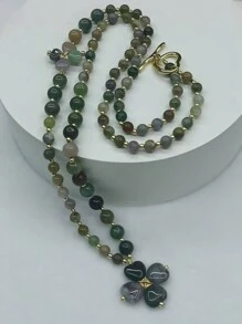1pc Natural Stone Colorful Multicolor Original Design Four-Leaf Clover Pendant Long Necklace
