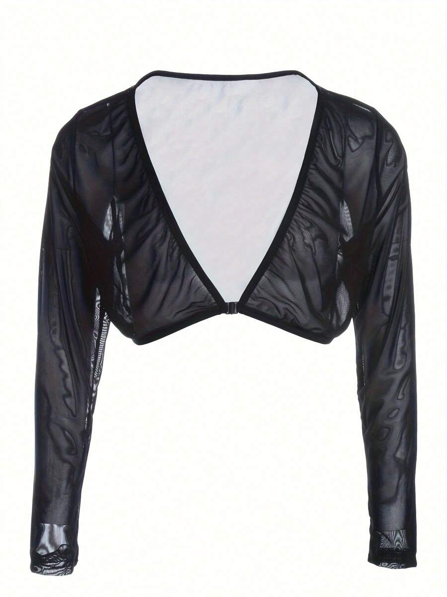 Women's Mesh See-Through Cropped Tops, Seamless Arm Shaper Compression Long Sleeve Solid Blouse - Black - View 1