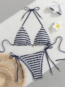 Ladies' Striped And Water Ripple Split Swimsuit Sexy Bikini SexHy Bikini Swimsuit Color Blocking Fashion High-End Hot Spring Party Bikini Careful Machine,European & American Style Sexy Halter Women Bikini Set Swimwear, For Summer Beach Vacation Hot Selling Swimsuits - Navy Blue - View 1