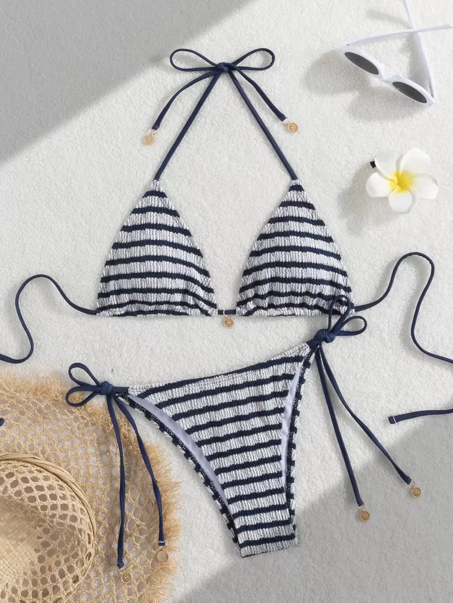 Ladies' Striped And Water Ripple Split Swimsuit Sexy Bikini SexHy Bikini Swimsuit Color Blocking Fashion High-End Hot Spring Party Bikini Careful Machine,European & American Style Sexy Halter Women Bikini Set Swimwear, For Summer Beach Vacation Hot Selling Swimsuits - Navy Blue - View 1