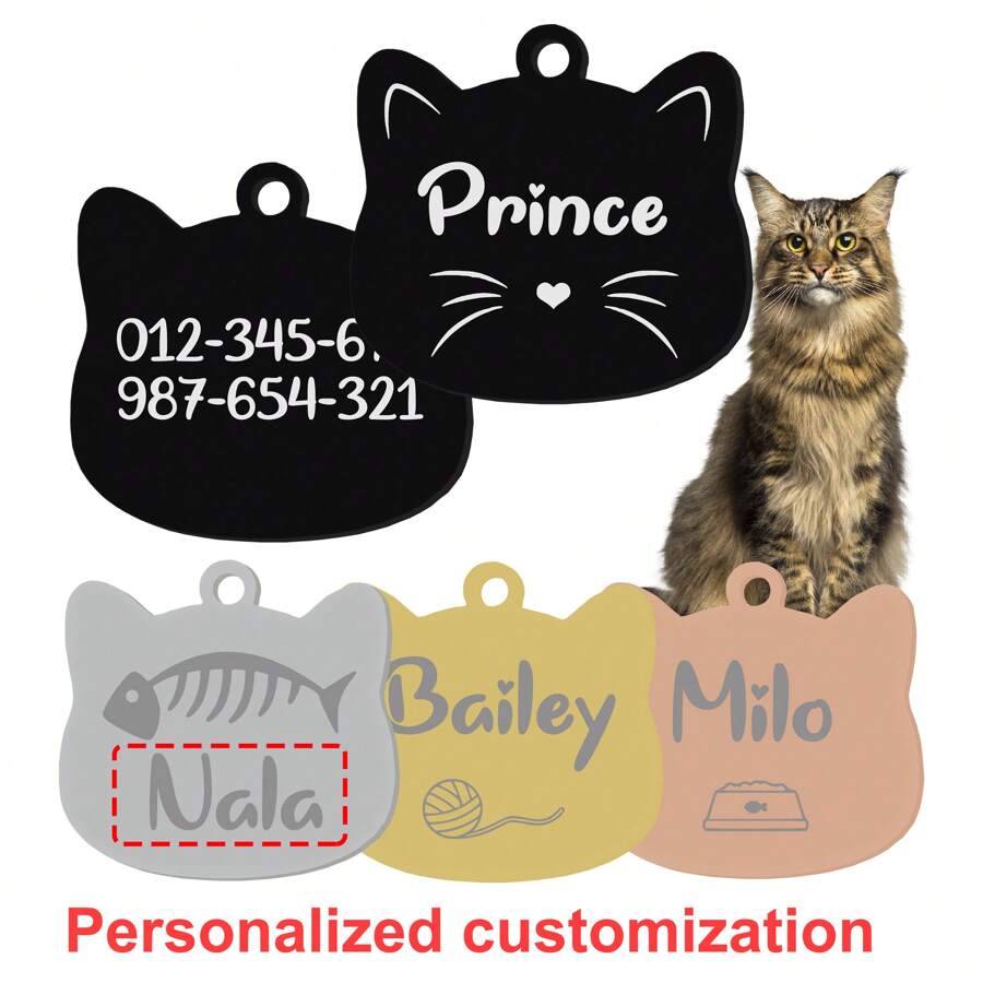 Etiqueta con forma de cara de gato personalizada, información privada personalizable, diferentes opciones de estampado, etiqueta antiextravío para decoración de gatos, múltiples opciones de color - Negro - Ver 1