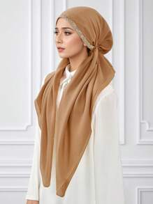 1pc Women's Solid Color Muslim Hijab Scarf, Fashionable Simple Sheer Fabric Head Wrap, Conservative Design For Outdoor Prayer, Breathable - Solid Color Rhinestone Turban Hat - View 22