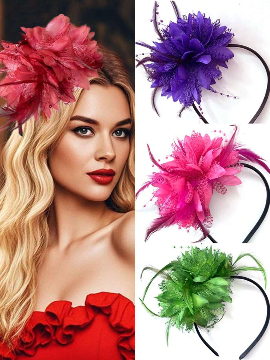 1 件纯色羽毛花发箍，复古风格发饰，适合派对、婚礼、新娘 - 彩色 - 查看 1