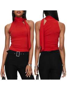 Women's High Neck Tank Tops Sleeveless Solid Color Slim Fitted Tops Summer Shirts - Red - View 7