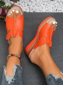Giày sandal đế dày thanh lịch cho nữ, giày đi bộ thoải mái quai mắt cá chân, giày đi biển gót dốc - trái cam - Xem 6