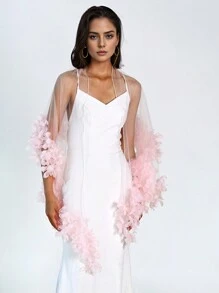 1 Stück perlenbesetzter Braut Umhang, elegantes Braut Schultertuch mit 3D Blumen, Hochzeitskleid Accessoire