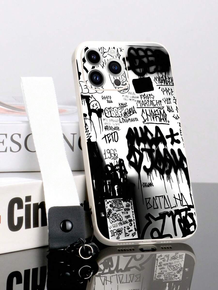 Slogan 1pc White TPU Spray Paint Patchwork Pattern Shockproof Phone Case And 1pc White Lanyard Strap Compatible With IPhone Cases/Matching Phone Cases/Fun Phone Cases/Android Phone Cases/ Phone Cases/ Phone Cases/OPPO Phone Cases, Compatible With Iphone 16 Pro Max/ A14/A54/A52/A31 4G/A23, Redmi Note 8 Pro/11 Pro 4G/12 4G, OPPO A54
