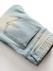 男士破洞牛仔裤，复古修身弹力裤，韩版个性街头设计，emo风格 - 中等水洗藍 - 查看 5