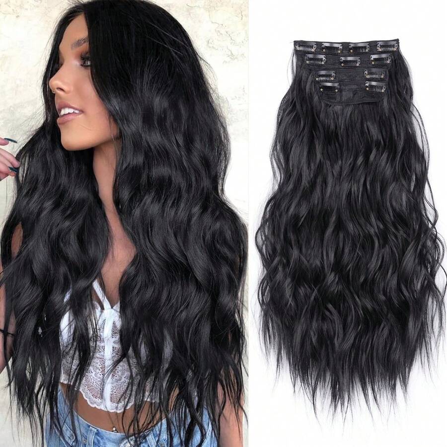 20inch Wavy Thick Hair Extensions Clip In Black Hair 4pcs Clip In Hair Extensions Balayge Double Weft Hair Extensions Full Head Synthetic Hair Pieces For Women Daily Uses Natural Synthetic Hair For Music Festival Party Vacation And Carnival - 黑色 - 查看 1