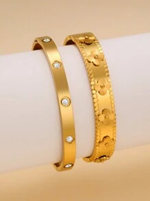 Exaggerated 4-Leaf Clover Stainless Steel Bangle Set For Women, Suitable For Multiple Occasions, Couples, Gala, Party And Gift