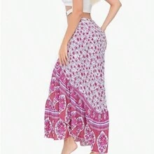 Women Boho Print High Waist Side Wrap Bohemian Asymmetric Hem Maxi Long Skirt - 粉色 - 查看 3