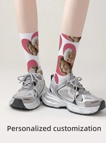 1 Pair Personalized Face Printed Funny Mid-Calf Socks - Custom Designed For Men And Women, Interesting Couple Socks In Mid-Length, Great Gift For Valentine's Day, Birthday And Other Occasions,Colorful,Cute,Adorable,Contracted,Funny,Custom,Unique,Customized,Personalized,Ideal Gifts For Him,Ideal Gifts For Her,Boyfriend,Girlfriend,Family,Friends,Grandparents,Her, Fall