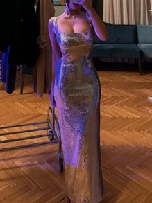 Women Maxi Party Sexy Backless Elegance Silver Sequin Glittery Dress - Silver - View 5