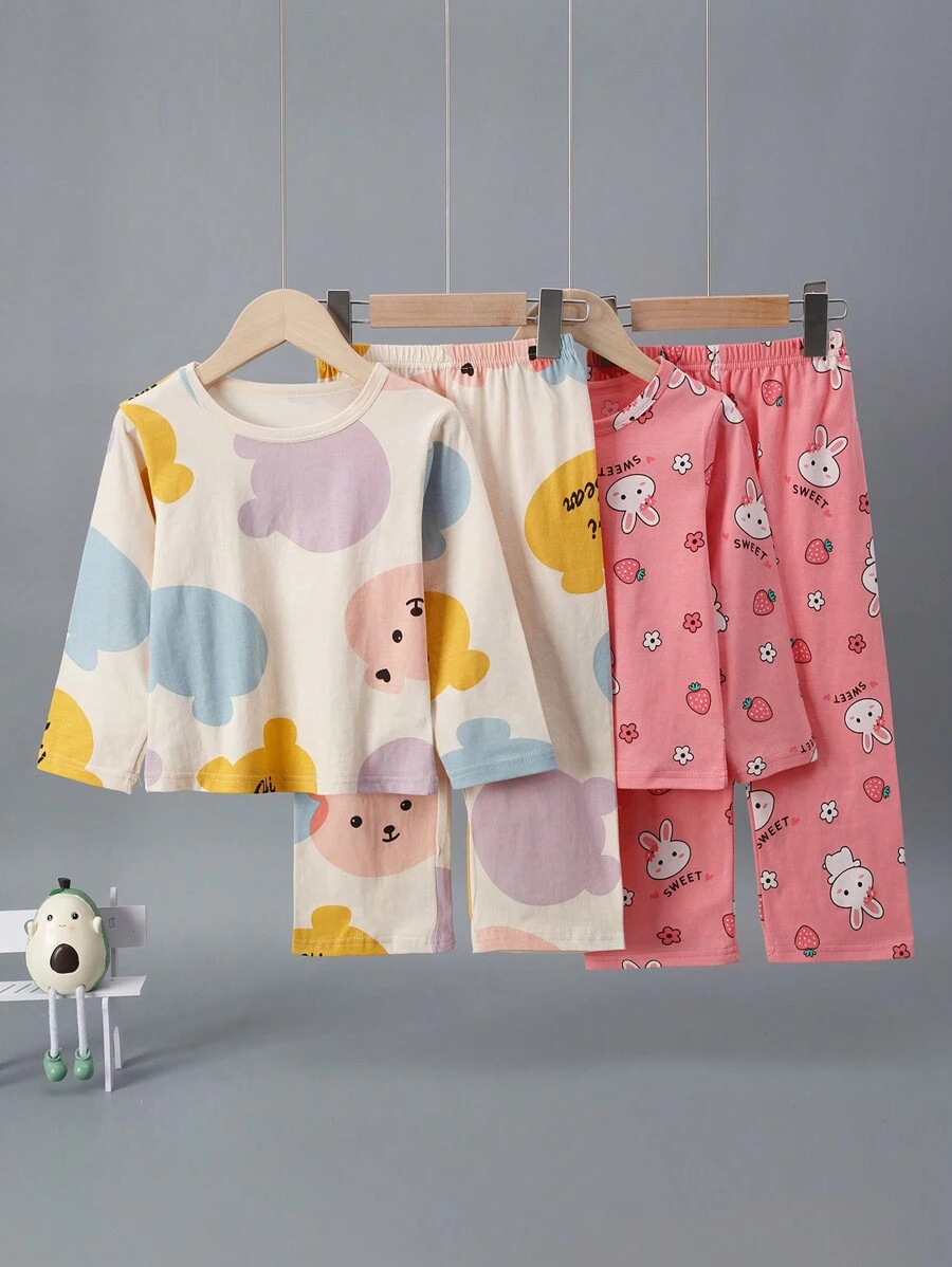4pcs Young Girls Cute Bear & Strawberry Rabbit Print Long Sleeve Pajama Sets, Lightweight For Spring/Summer