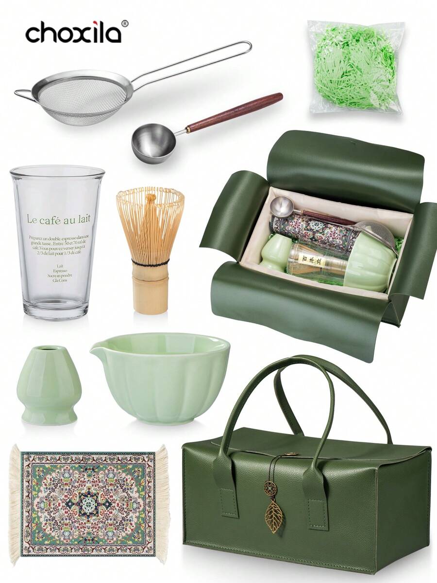 choxila Set de iniciación tradicional de Matcha de 7 piezas, set de batidor de Matcha, kit de preparación de té Matcha, set de regalo de Matcha con bolsa, incluye tazón de Matcha, batidor de bambú de Matcha, cuchara de té, soporte para batidor, tamiz de Matcha, taza de té, alfombrilla de té, de vuelta al cole