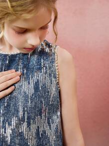 ASK JUNIOR 青少年女孩无袖美人鱼风格亮片和网眼拼布服装连衣裙