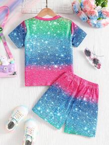 2 Stücke/Set Kleine Mädchen Outdoor Lässig Sport bunte zufällige Streifen & Einhorn Muster Rundhals leichtes Kurzarm T-Shirt mit passenden Shorts Set, Frühling/Sommer