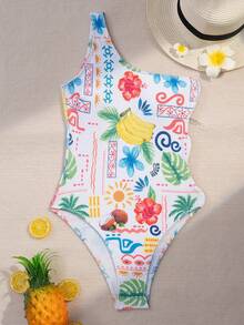 One-Piece Summer Casual Vacation Ribbed All-Over Print Off-Shoulder Metal Decor Hollow-Out One-Piece Swimsuit For Women - White - View 4