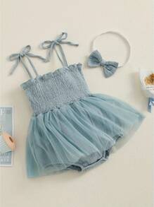 Infant Girls Casual Romper With Headdress, Floral Tie-Up Off-The-Shoulder Jumpsuit With Yarn Hem - Blue - View 4