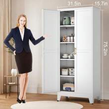 75.2"H Pantry Storage Cabinet, Kitchen Storage Cabinets With Adjustable Feet And Shelves, Metal Pantry Cabinet For Kitchen, Living Room, Laundry Room And Dinning Room