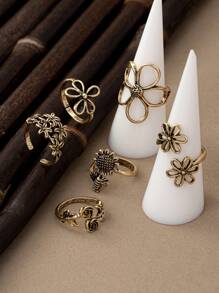 1pc Vintage Bohemian Style Petite Rose Flower Cutout Sunflower Open Ring Adjustable Size Valentines,Mom,Mother,Mother's Day,Gift