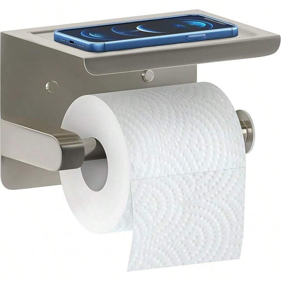 Brushed Nickel Bathroom Toilet Paper Holder With Shelf – SUS304 Stainless Steel Toilet Tissue Roll Holder Wall Mounted – Two Installation Screw And Self Adhesive TP Holder – 1 Pack - Silver - View 1