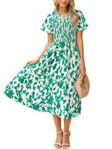 Women Summer Boho Floral Casual V Neck Ruffle Short Sleeve A-Line Midi Sun Dress
