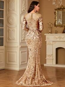 hezixi 优雅派对亮片鱼尾连衣裙，婚礼宾客礼服，正式礼服，晚礼服，春假长裙 - 香檳色 - 查看 7