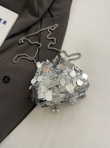 春夏迷你休闲百搭可爱亮片水桶斜挎包。金属链条水桶包，可单肩背。适合日常使用、外出、旅行、度假和购物。生日礼物。