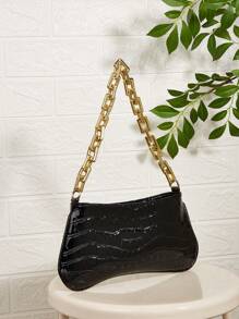 Snake Skin Acrylic Gold Chain Decor Shoulder Underarm Baguette Bag - Black - View 5