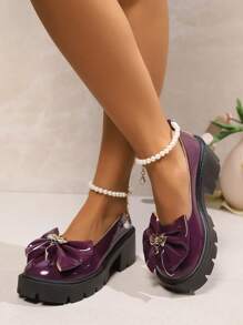 1 双女孩校园厚底玛丽珍鞋，新款时尚款式，带蝴蝶结和仿珍珠装饰，甜美学院风乐福鞋