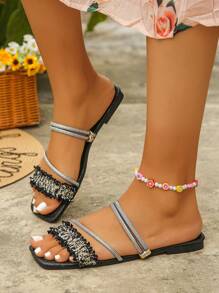 Cross-Border Trade Plus Size 35-43 Summer New Open Toe Black Silver Rhinestone Women Flat Slippers, European And American Fashion Square Toe Beach Soft Bottom Ladies Flat Sandals